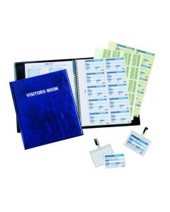 Durable Visitor Book 100 - Blue Leather Look Front Cover - Includes 100 Perforated 90x60 mm Visitor Badge Inserts - GDPR Compliant - 146365