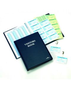 Durable Visitor Book 300 - Blue Leather Look Front Cover - Includes 300 Perforated 90x60 mm Visitor Badge Inserts - GDPR Compliant - 146500