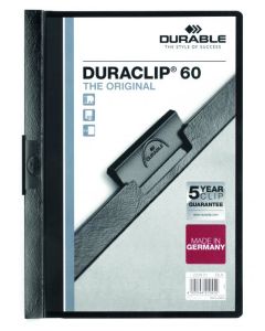 Durable DURACLIP 60 A4 Clip Folder - Holds up to 60 Sheets of A4 Paper - Robust Metal Sprung Clip with 5-Year Warranty - Black (Pack 25) - 220901