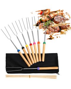 8PCS Roasting Sticks Telescoping 12"-32" Smore Sticks Skewers Set with Wooden Handle for BBQ Hot Dog Fork Fire Pit Camping Cookware