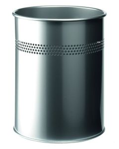 Durable Metal Round Waste Bin 15 Litre Capacity - Stylish 30mm Perforated Ring - Silver - 330023