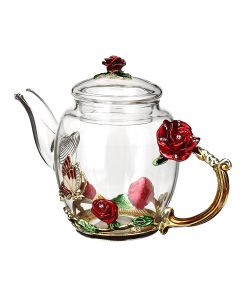 7Pcs Tea Set Wedding Enamel Glass Flower Heat Resistant Coffee Pot Cups Party