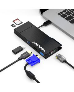 Wavlink 6 in 1 USB Hub USB 3.0 Docking Station with Gigabit Ethernet, USB 3.0 Port, Removable Card Reader Micro SD/SD, 2K HDMI-compaitable, VGA 1920x1200 For Computer Laptop