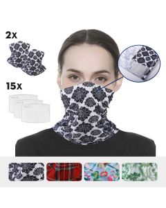 2pcs Face Mask +15 pcs Filters Outdoor Cycling Breathable Sun UV-Proof Half Face Mask with 15 x Filters Multi-purpose Dustproof Head Scarf