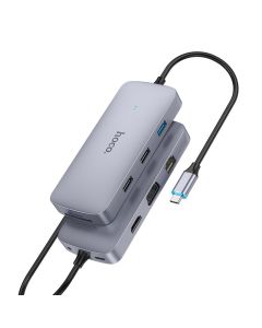 HOCO HB33 10 in 1 Type-C Docking Station USB-C Hub Splitter Adaptor with USB2.0*2 USB3.0 PD100W USB-C 4K@30Hz HDTV 1080P VGA 100M RJ45 3.5mm AUX Support SD/Micro SD Card Reader Multiport Hub for PC Laptop