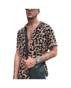 OUTDOOR Summer Leopard Print Shirts Fashion Men Short Sleeve Lapel Shirt Casual Floral Blouse Men Hawaiian Beach Tops