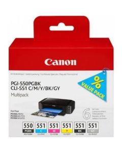 Canon PGI550 CLI551 Black Photo Black Cyan Grey Magenta Yellow Standard Capacity Ink Cartridge Multipack 6 x 7ml (Pack 6) - 6496B005