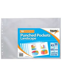 Tiger Multi Punched Pocket Polypropylene A3 45 Micron Top Opening Landscape Clear (Pack 10) - 301245