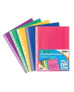 Tiger Multi Punched Pocket Polypropylene A4 45 Micron Top Opening Coloured (Pack 50) - 301735