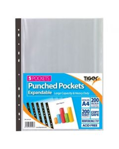 Tiger Multi Punched Expandable Pocket Polypropylene A4 150 Micron Top Opening Clear (Pack 5) - 301523