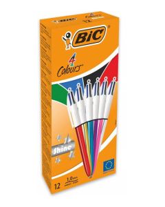 Bic 4 Colours Shine Ballpoint Pen 1.0mm Tip 0.32mm Line Assorted Colour Barrels Black/Blue/Green/Red Ink (Pack 12) - 964775