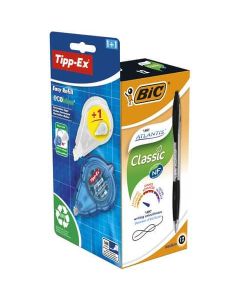 Bic Atlantis Retractable Ballpoint Pen 1mm Tip 0.32mm Line Black with 1 x Free Tipp-Ex Ecolutions Easy Refill Correction Tape (Pack 12) - 989679