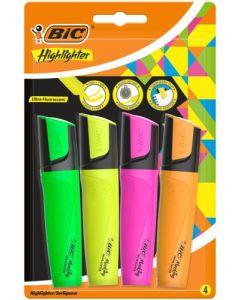 Bic Highlighter Pen with Clip Chisel Tip 1.7-4.8mm Assorted Colours (Pack 4) - 943652