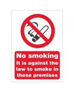 Seco Prohibition Safety Sign No Smoking It Is Against The Law To Smoke In These Premises A5 Self Adhesive Vinyl - SB003SAV-A5