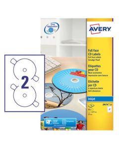 Avery Inkjet Full Face CD/DVD Label 117mm Diameter 2 Per A4 Sheet Matt White (Pack 50 Labels) J8676-25