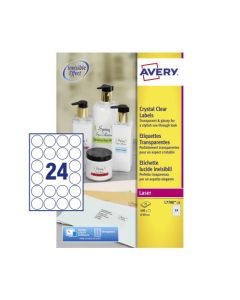 Avery Laser Label 40mm Diameter 24 Per A4 Sheet Crystal Clear (Pack 600 Labels) L7780-25