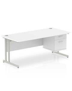 Dynamic Impulse W1800 x D800 x H730mm Straight Office Desk Cantilever Leg With 1 x 2 Drawer Fixed Pedestal White Finish Silver Frame - MI002208