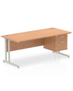 Dynamic Impulse W1800 x D800 x H730mm Straight Office Desk Cantilever Leg With 1 x 2 Drawer Fixed Pedestal Oak Finish Silver Frame - MI002660