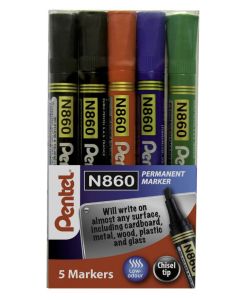 Pentel N860 Permanent Marker Chisel Tip 1.8 - 4.5mm Line Assorted (Pack 5) YN860/5-M