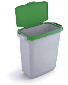 Durable DURABIN Plastic Waste Recycling Bin 60 Litre Grey with Green Hinged Lid & Black A5 DURAFRAME Self-Adhesive Sign Holder - VEH2023006