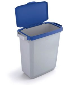 Durable DURABIN Plastic Waste Recycling Bin 60 Litre Grey with Blue Hinged Lid & Black A5 DURAFRAME Self-Adhesive Sign Holder - VEH2023007