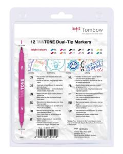 Tombow TwinTone Dual Tip Marker 0.8mm and 0.3mm Line Bright Assorted Colours (Pack 12) - WS-PK-12P-1